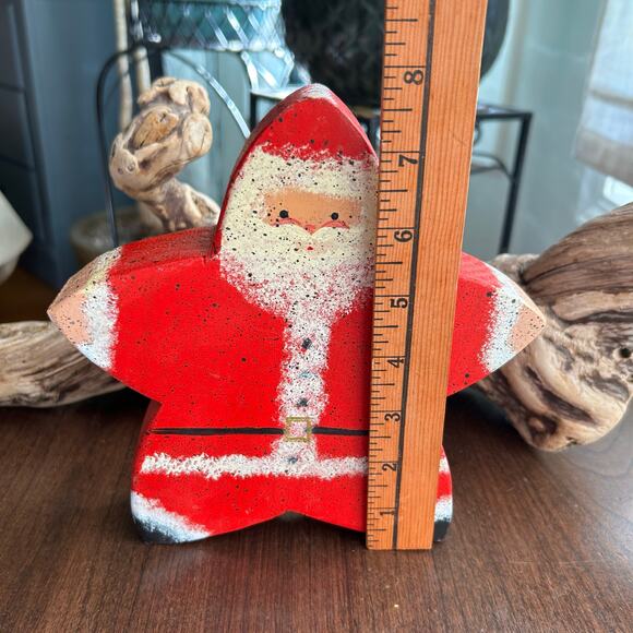 Hand Painted Tole Santa on Freeform Wood Star Christmas decor - Picture 8 of 8